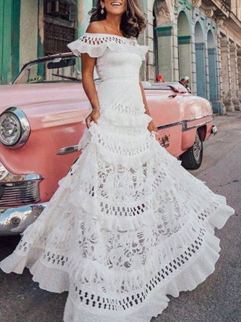 White Elegant Women's Off Shoulder Ruffle Tiered Maxi Dress - Picture 1 of 2